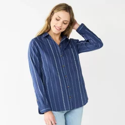 Women's Sonoma Goods For Life® Essential Everyday Button-Down Shirt -Sonoma Goods Shop 4991213 Blue Multi Stripe