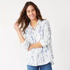 Women's Sonoma Goods For Life® Essential Everyday Button-Down Shirt -Sonoma Goods Shop 4991213 Blue Tie Dye