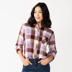 Women's Sonoma Goods For Life® Essential Everyday Button-Down Shirt -Sonoma Goods Shop 4991213 Brown Purple Plaid