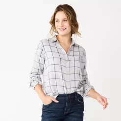 Women's Sonoma Goods For Life® Essential Everyday Button-Down Shirt -Sonoma Goods Shop 4991213 Gray Blue Plaid