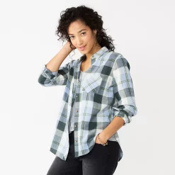 Women's Sonoma Goods For Life® Essential Everyday Button-Down Shirt -Sonoma Goods Shop 4991213 Green Blue Plaid