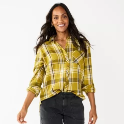 Women's Sonoma Goods For Life® Essential Everyday Button-Down Shirt -Sonoma Goods Shop 4991213 Green Plaid
