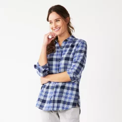 Women's Sonoma Goods For Life® Essential Everyday Button-Down Shirt -Sonoma Goods Shop 4991213 Light Blue Plaid