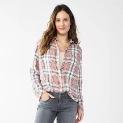 Women's Sonoma Goods For Life® Essential Everyday Button-Down Shirt -Sonoma Goods Shop 4991213 Mauve Plaid