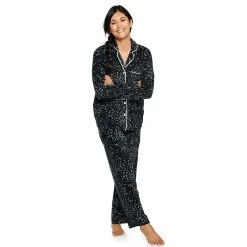 Women's Sonoma Goods For Life® Velour Long Sleeve Pajama Shirt & Pajama Pants Sleep Set -Sonoma Goods Shop 5033010 Black Stars