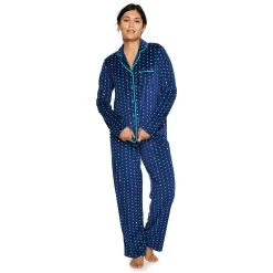 Women's Sonoma Goods For Life® Velour Long Sleeve Pajama Shirt & Pajama Pants Sleep Set -Sonoma Goods Shop 5033010 Navy Dot
