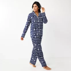 Women's Sonoma Goods For Life® Velour Long Sleeve Pajama Shirt & Pajama Pants Sleep Set -Sonoma Goods Shop 5033010 Navy Fairisle