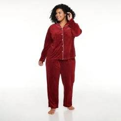 Plus Size Sonoma Goods For Life® Velour Pajama Shirt & Pajama Pants Set -Sonoma Goods Shop 5033014 Red Embossed Heart