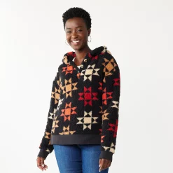 Women's Sonoma Goods For Life® Henley Sherpa Hoodie -Sonoma Goods Shop 5092725 Black And Red Geo Prin