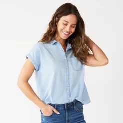 Petite Sonoma Goods For Life® Short Sleeve Button Down Shirt -Sonoma Goods Shop 5243772 Light Wash Chambray