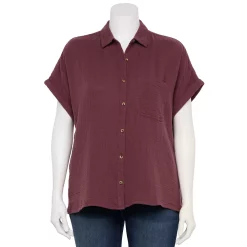 Plus Size Sonoma Goods For Life® Short Sleeve Button Down Top -Sonoma Goods Shop 5258112 Plum Prune
