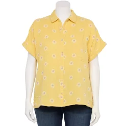 Plus Size Sonoma Goods For Life® Short Sleeve Button Down Top -Sonoma Goods Shop 5258112 Yellow Textured Daisy