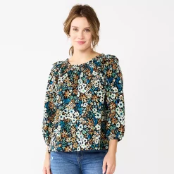 Women's Sonoma Goods For Life® Ruffle Shoulder Peasant Top -Sonoma Goods Shop 5584039 Blue Black Floral