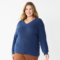 Plus Size Sonoma Goods For Life® Long Sleeve V-Neck Sweater -Sonoma Goods Shop 5585496 Blue