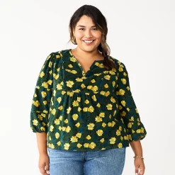 Plus Size Sonoma Goods For Life® Notchneck Long Sleeve Top -Sonoma Goods Shop 5661416 Green Yellow Floral