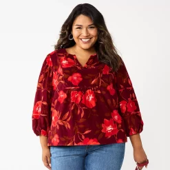 Plus Size Sonoma Goods For Life® Notchneck Long Sleeve Top -Sonoma Goods Shop 5661416 Large Red Floral