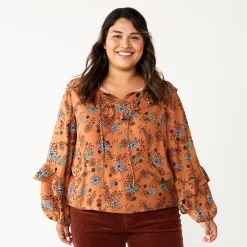 Plus Size Sonoma Goods For Life® Ruffle Peasant Top -Sonoma Goods Shop 5662063 Brown Blue Floral