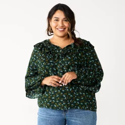 Plus Size Sonoma Goods For Life® Ruffle Peasant Top -Sonoma Goods Shop 5662063 Dark Green Mini Floral