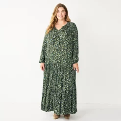 Plus Size Sonoma Goods For Life® Tiered Long Sleeve Maxi Dress -Sonoma Goods Shop 5664433 Olive Multi Floral