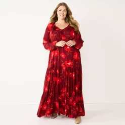 Plus Size Sonoma Goods For Life® Tiered Long Sleeve Maxi Dress -Sonoma Goods Shop 5664433 Red Floral