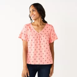 Women's Sonoma Goods For Life® Ruffled Babydoll Top -Sonoma Goods Shop 5665750 Coral Mauve Geo