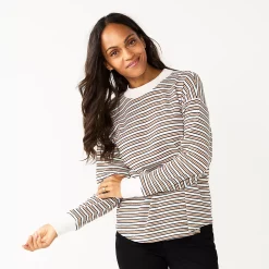 Women's Sonoma Goods For Life® Mockneck Waffle Top -Sonoma Goods Shop 5672315 Ivory Brown Stripe