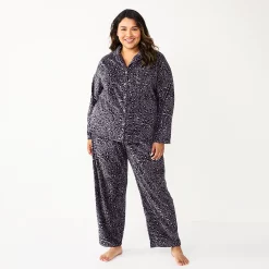 Plus Size Sonoma Goods For Life® Velour Pajama Shirt & Pajama Pants Sleep Set -Sonoma Goods Shop 5675146 Black Leopard