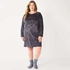 Plus Size Sonoma Goods For Life® 2-pc. Long Sleeve Crewneck Sleepshirt & Socks Set -Sonoma Goods Shop 5690616 Black Leopard