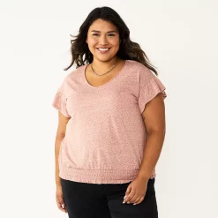 Plus Size Sonoma Goods For Life® Banded Bottom Ruffle Sleeve Top -Sonoma Goods Shop 5819597 Brown Chili
