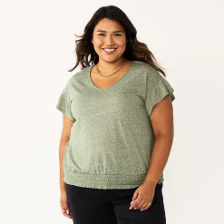 Plus Size Sonoma Goods For Life® Banded Bottom Ruffle Sleeve Top -Sonoma Goods Shop 5819597 Olive